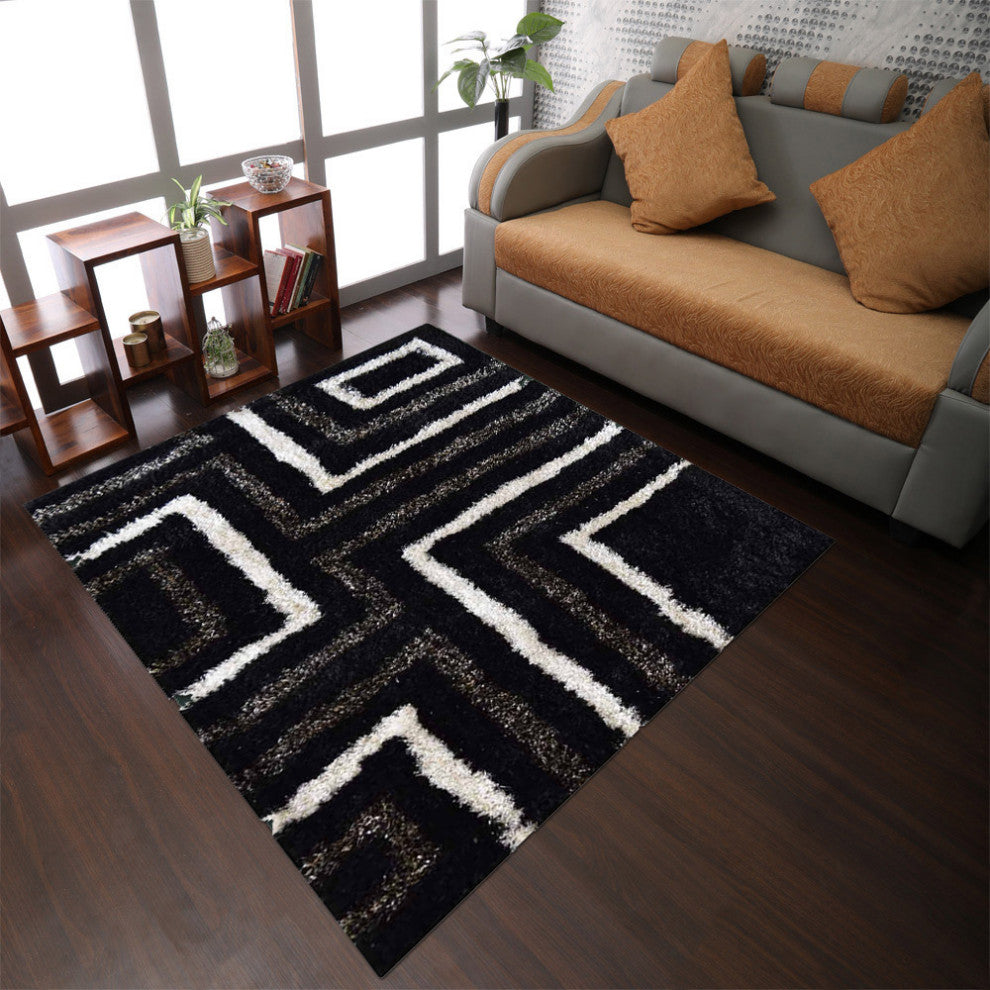 Hand Tufted Shag Polyester Area Rug Geometric Black Beige, 8'x8' Square