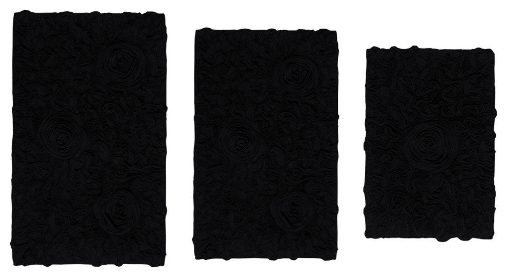 Modesto Collection 100% Cotton Machine Washable Bath Rug, 3-Piece Set, Black