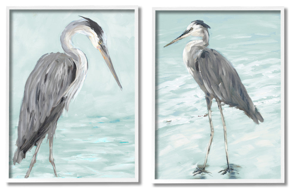 Heron Birds Standing Shallow Beach Water Coastal Waves,11 x 14