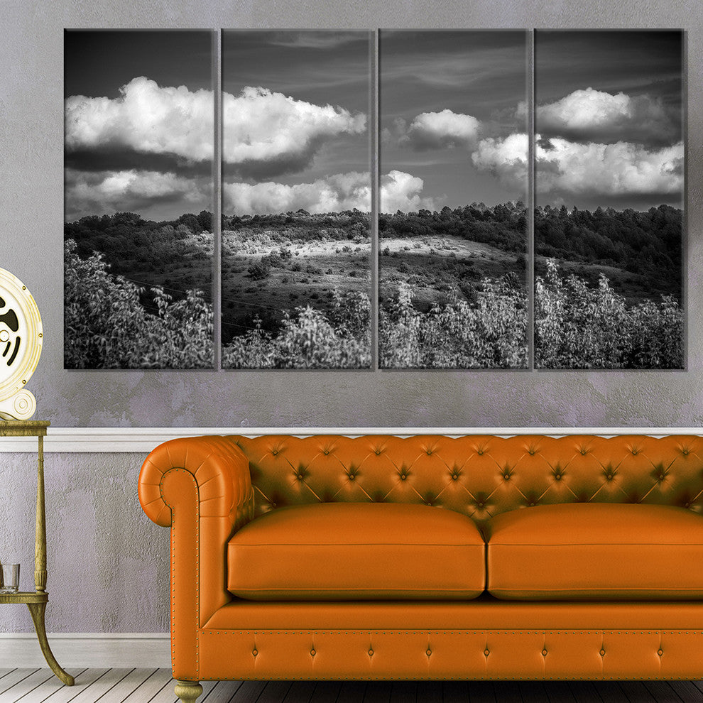 "Green Hills Under Cloudy Sky" Extra Large Wall Art Landscape, 4 Panels, 48"x28"