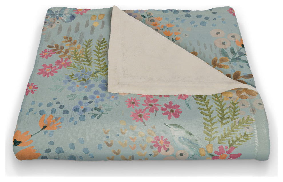 Butterfly Bird Floral on Blue 50x60 Coral Fleece Blanket
