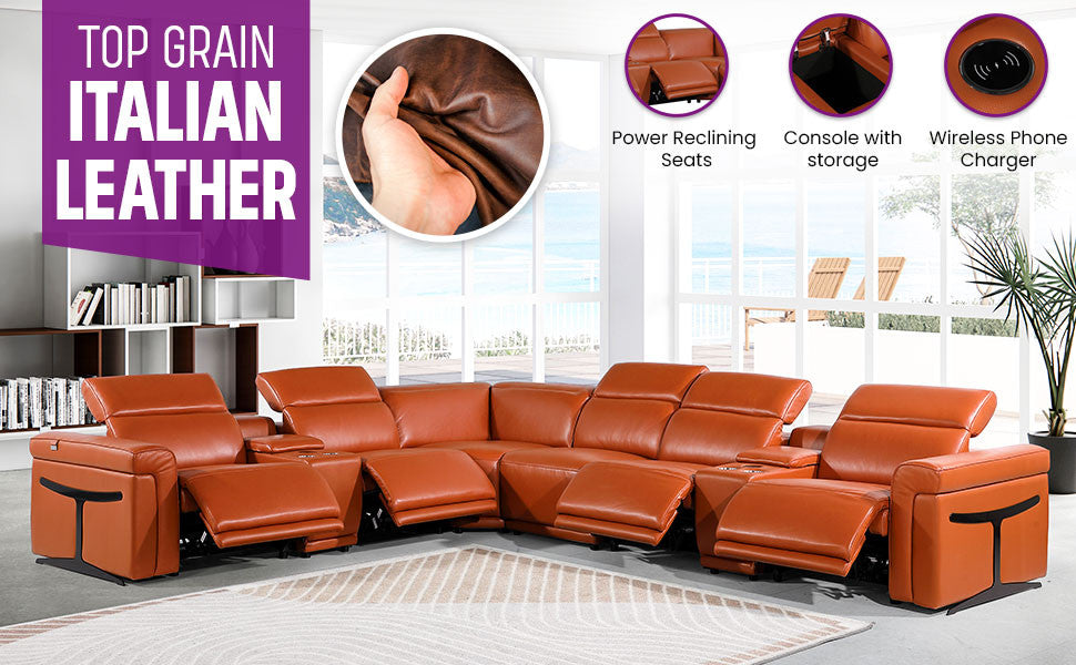 Giovanni 8-Piece 4-Power Reclining Italian Leather Sectional, Light Gray