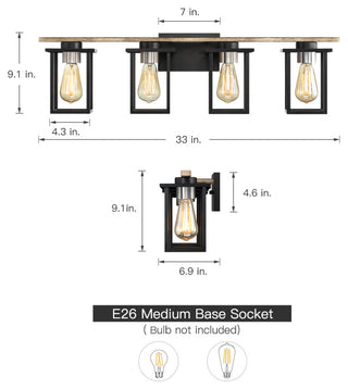 Matte Black/Wood Tone Rustic Bath Vanity Light With Open Cage Shades, 33" Wide