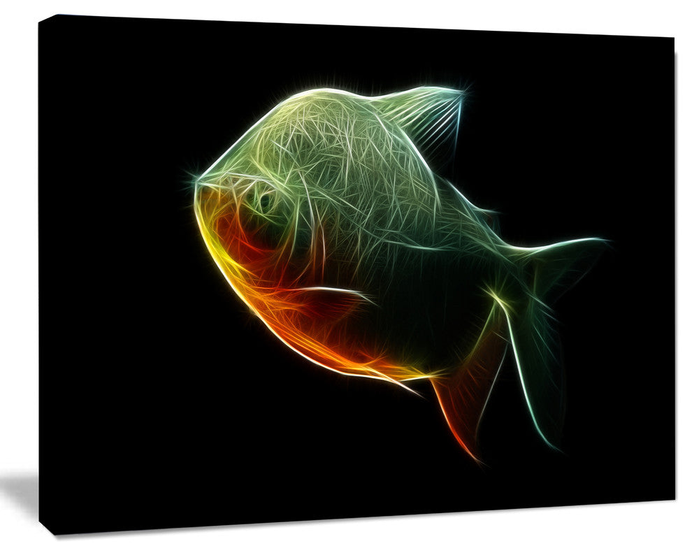 Fractal Pacu Fish on Black, Large Animal Canvas Artwork, 20"x12"