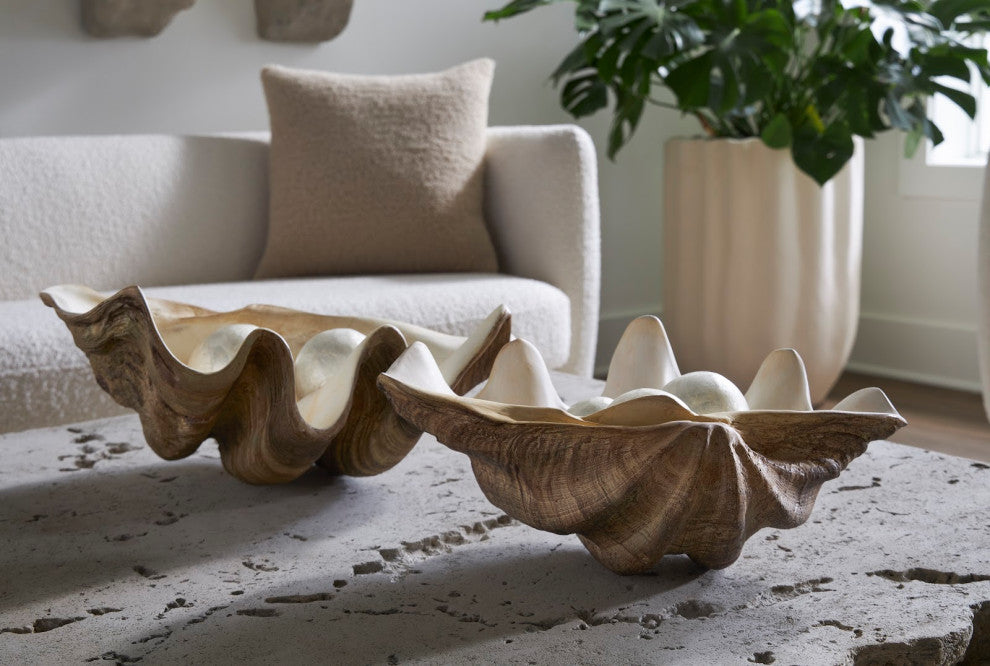 Cast Clam Shell Bowl, Faux Finish, 16x11x7"h