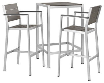 Shore 3 Piece Outdoor Patio Aluminum Outdoor Pub Set, Silver Gray
