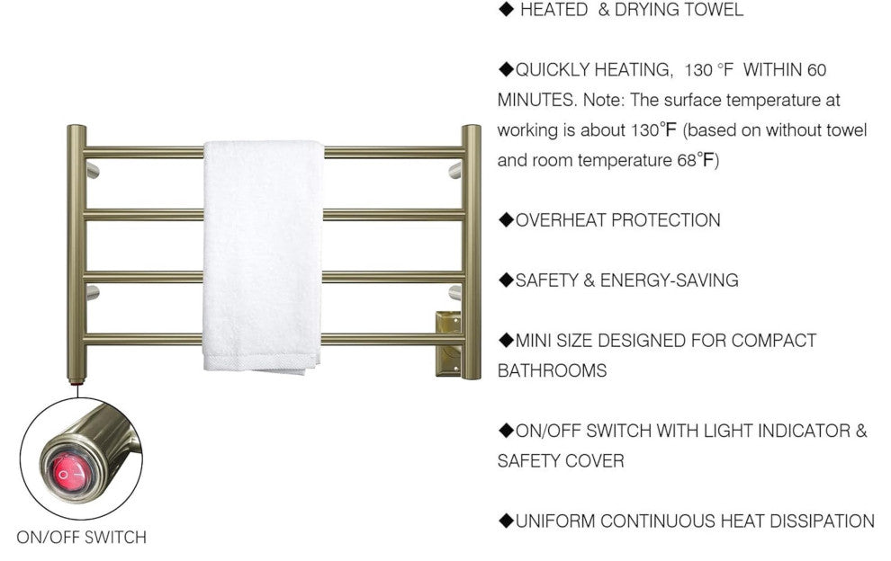 HEATGENE 4 Bar Wall-Mounted Plug-in / Hard-wiring Towel Warmer, Brushed Brass