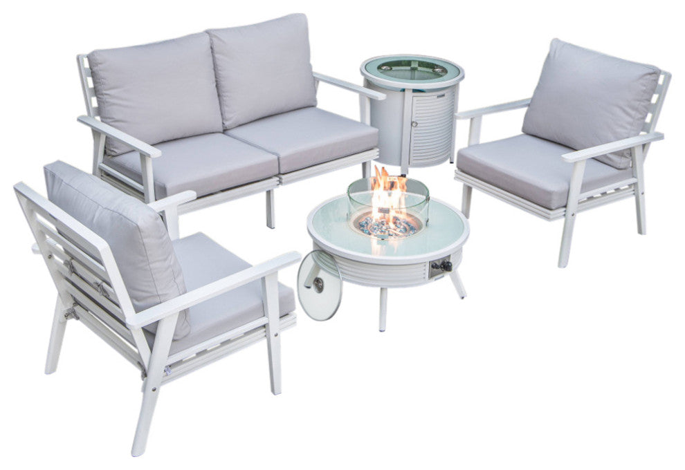 LeisureMod Walbrooke Patio Conversation Set With Fire Pit Table, Light Grey