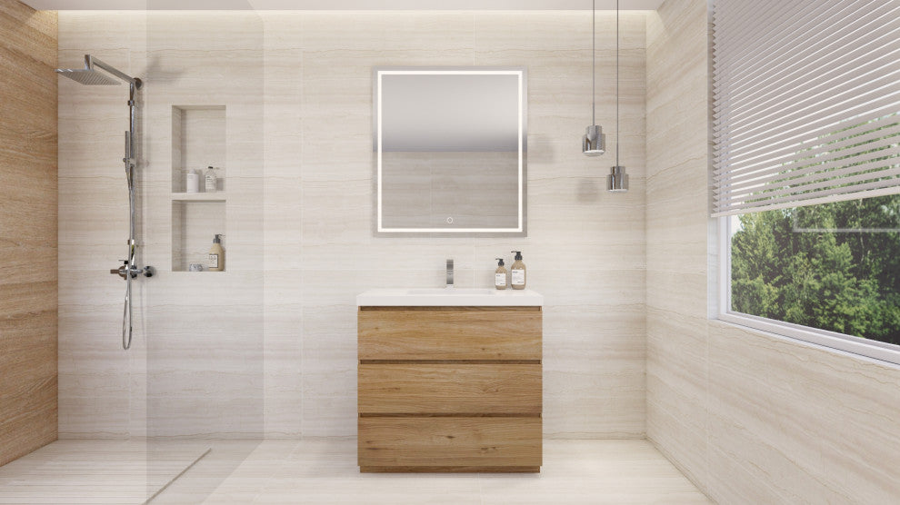 Alston 36" Free Standing Modern Vanity, Nature Oak, Glossy White Top