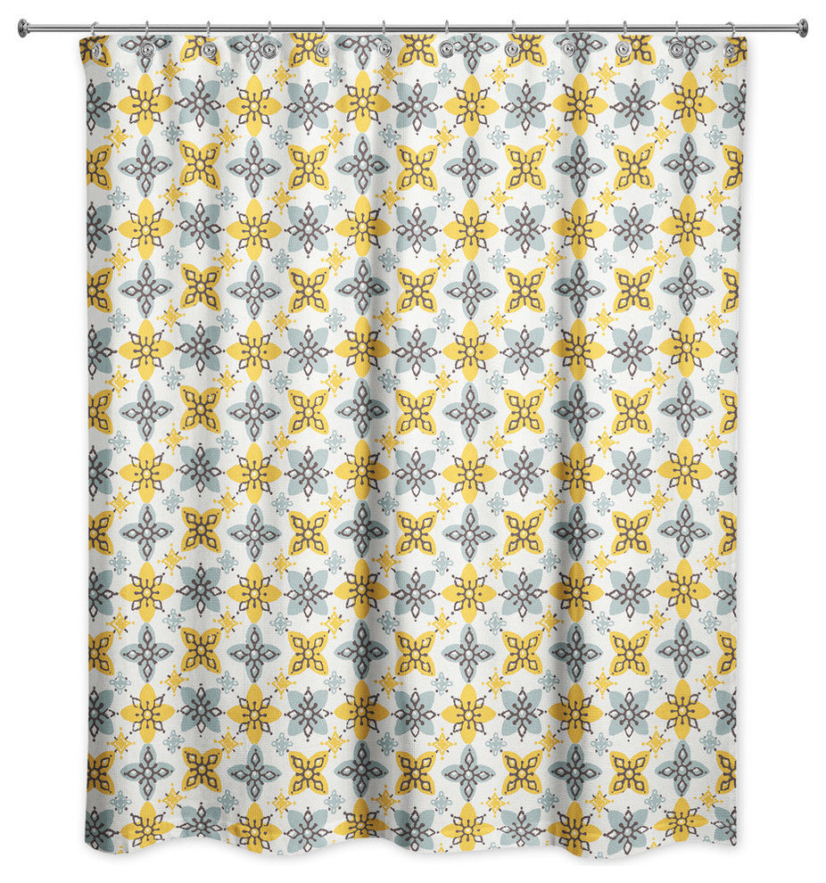 Folk Floral Battern in Yellow and Blue Shower Curtain