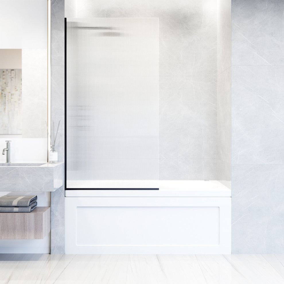 VIGO Zenith Frameless Fixed, Matte Black, Tub Screen, 34" W X 62" H, Fluted Glass