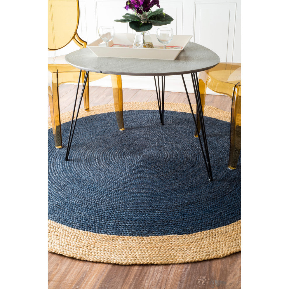 Jute Simple Border Area Rug, Blue, 6'' Round