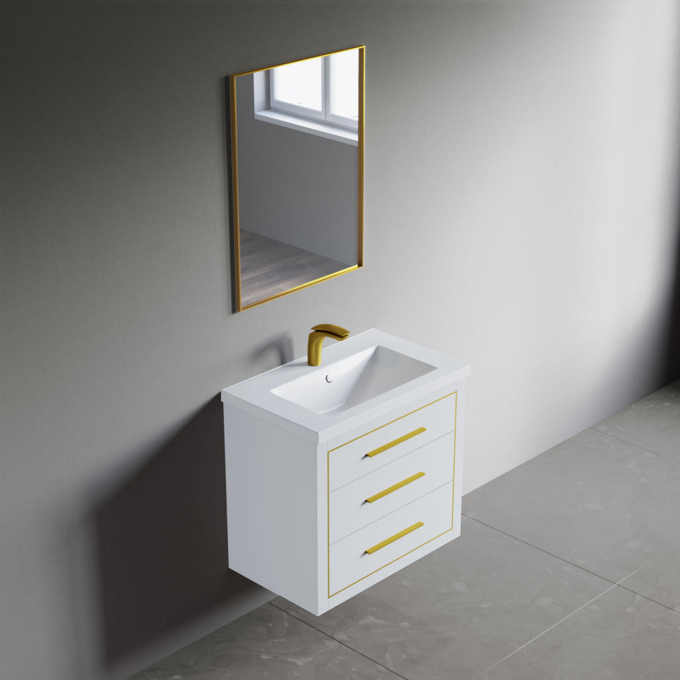 Sherwood 30" Single Vanity Set, White, Brass Trim, Floating Only