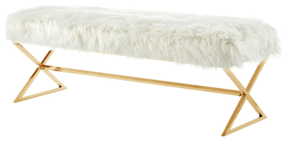 Oria Faux Fur X-Leg Base Bench, White and  Gold