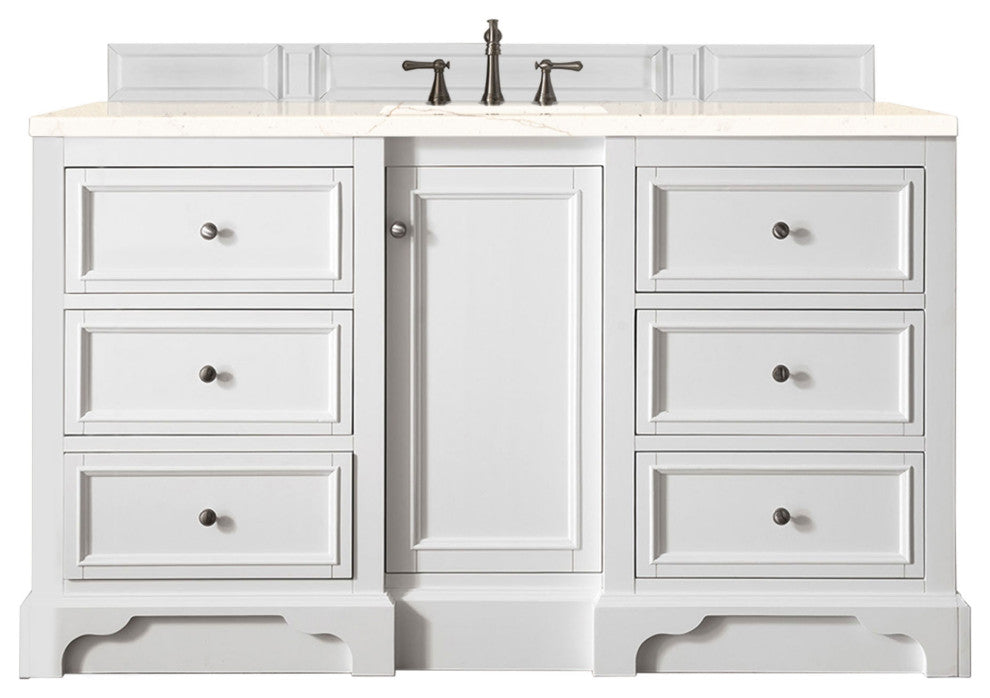 De Soto 60" Single Vanity, Bright White, 3CM Eternal Marfil Quartz Top