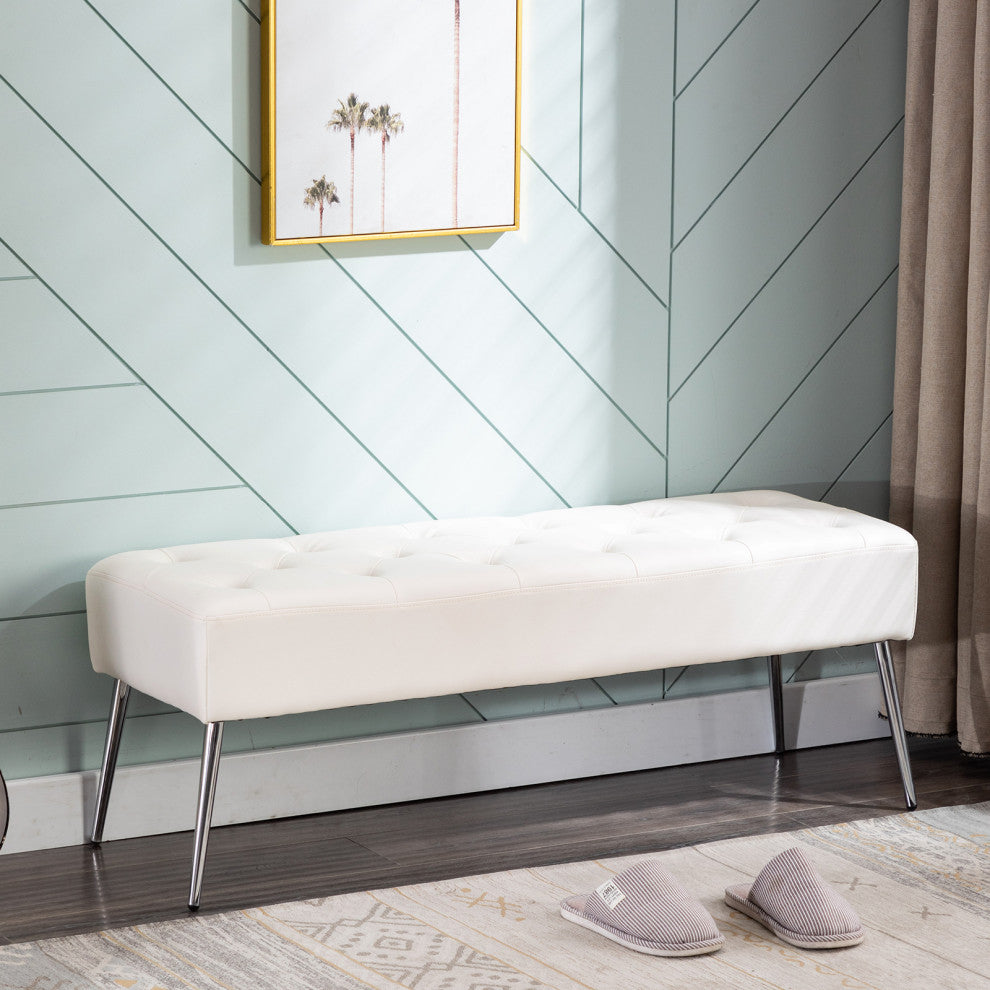 Button Tufts Bedroom Bench, White-Pu Leather