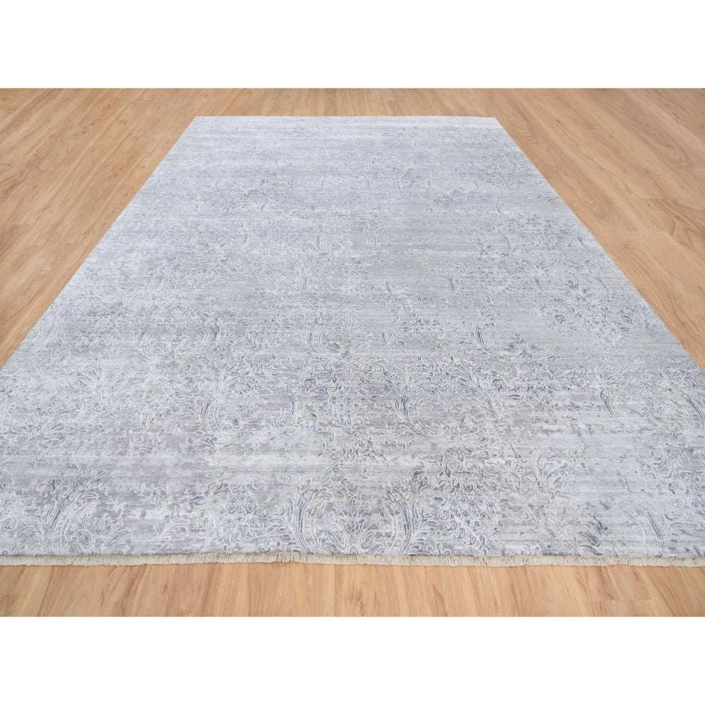 Ivory, Hand Knotted Damask Design, Wool and Plant Based Silk Rug, 10'0" x 13'10"