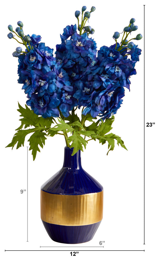 23" Delphinium Artificial Arrangement, Blue and Gold Designer Vase