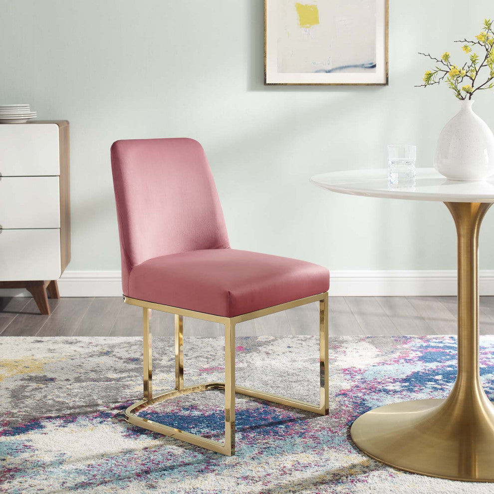 Side Dining Chair, Velvet, Metal, Gold Pink, Modern, Cafe Bistro Restaurant