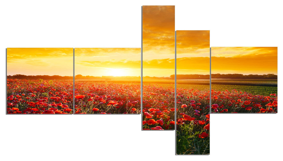 Poppy Field under Ablaze Sunset, Abstract Wall Art Canvas, 60"x32", 5 panels