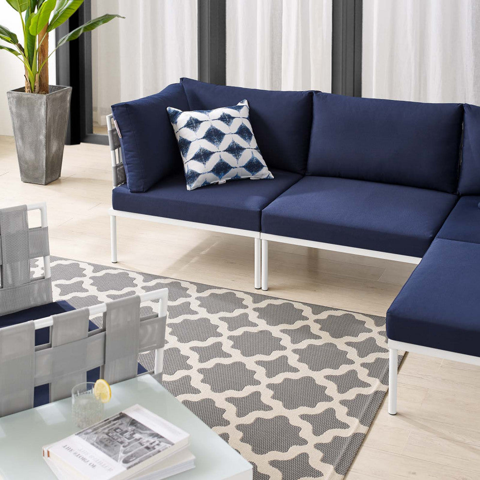 Sectional Sofa Chair Table Set, Sunbrella, Aluminum, Gray Blue Navy, Outdoor