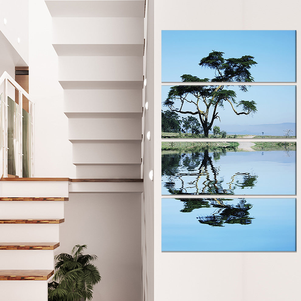 Beautiful Tree Reflecting in Lake, Landscape Canvas Art, 28"x48", 4 Panels