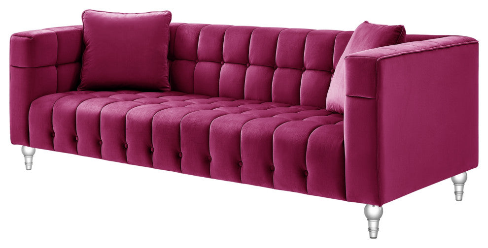 Inspired Home Iker Sofa Biscuit Tufted, Velvet, Fuchsia