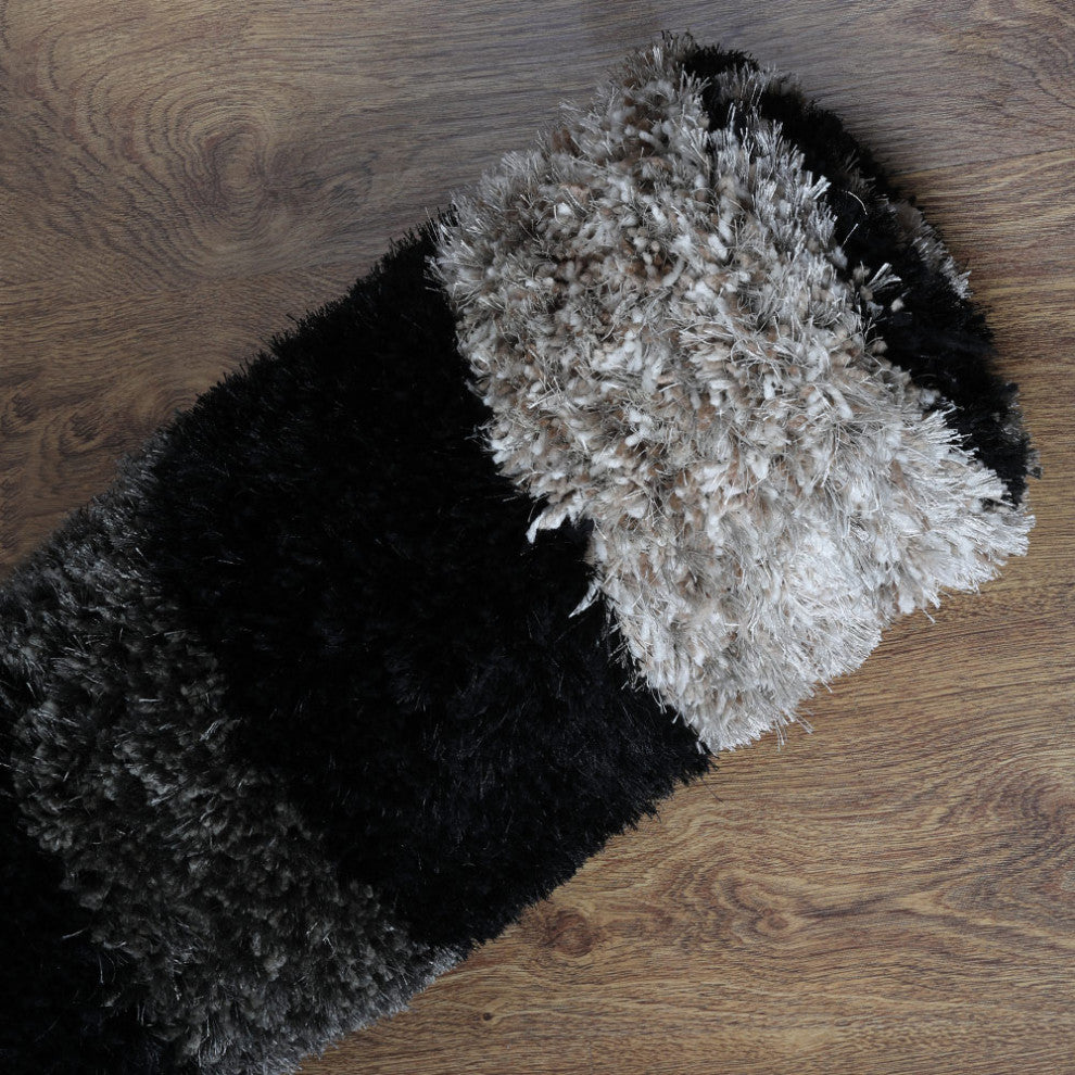 Hand Tufted Shag Polyester Area Rug Geometric Contemporary, Black Beige, [Rectangle] 4'x6'