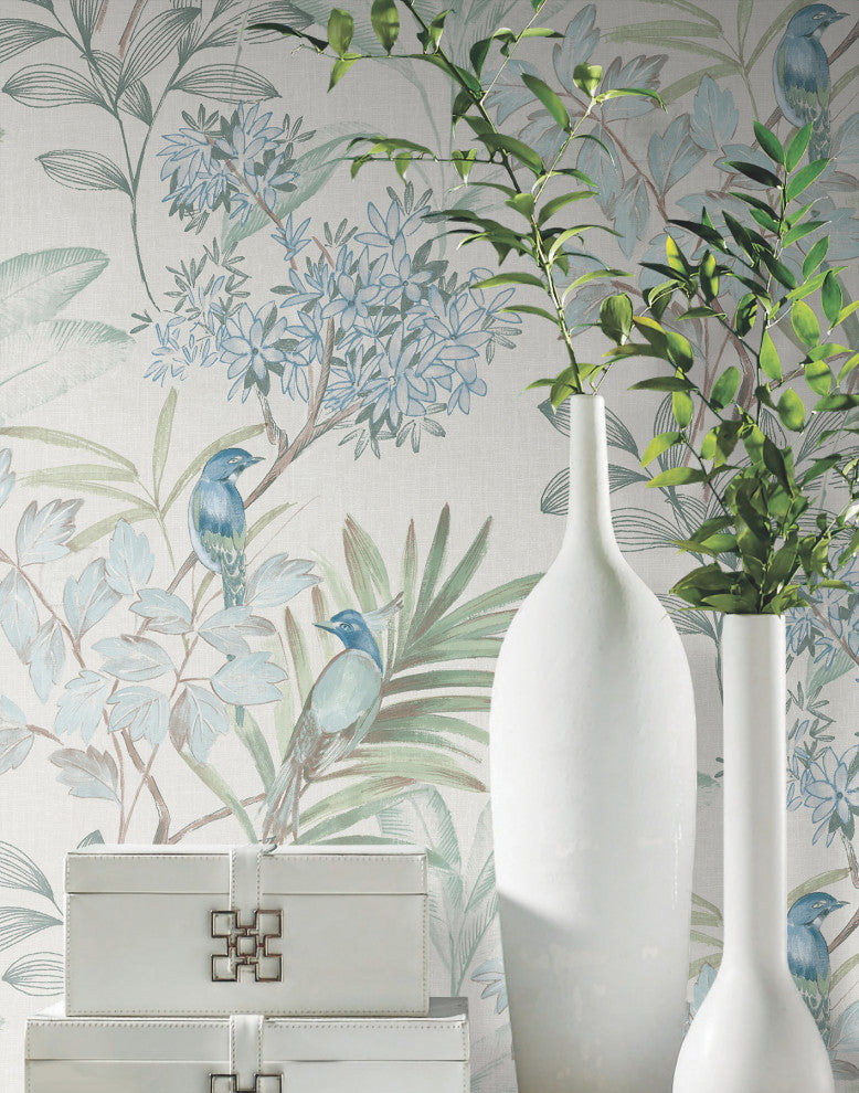 Turquiose Handpainted Songbird Peel & Stick Wallpaper