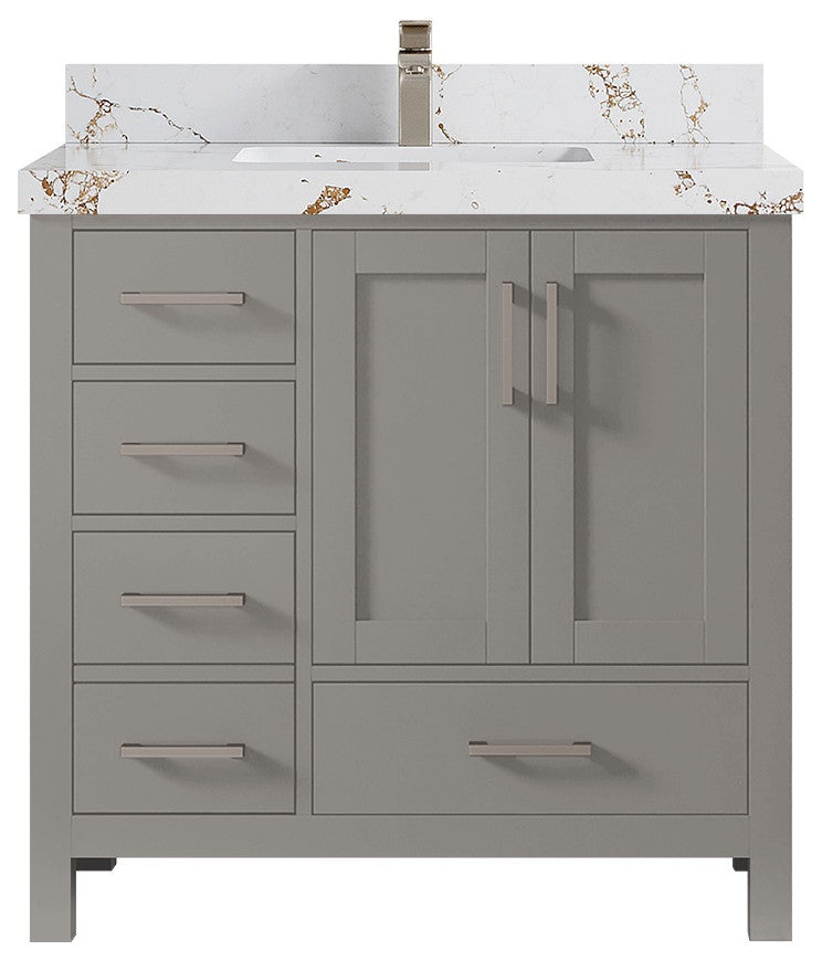 Malibu 36 Center Sink Bath Vanity in Elephant Skin Gray 2" Viola Gold
