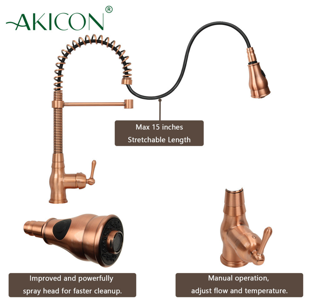 Copper Pre-Rinse Spring Kitchen Faucet with Pull Down Sprayer, Copper