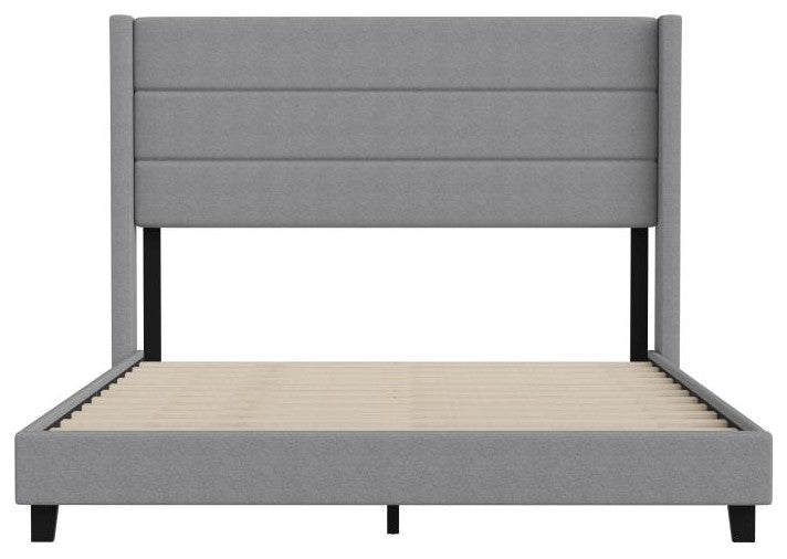Hollis Upholstered Platform Bed with Wingback Headboard w/Mattress Foundation, Gray, Queen