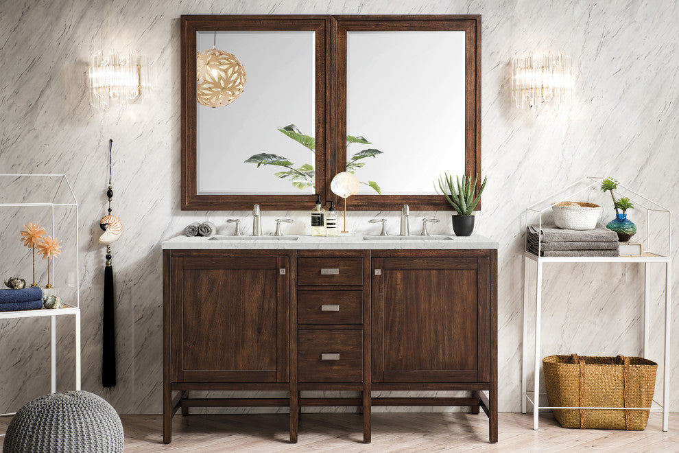 Addison 60" Double Vanity Cabinet, Mid Century Acacia, Eternal Jasmine Pearl, Three-Hole