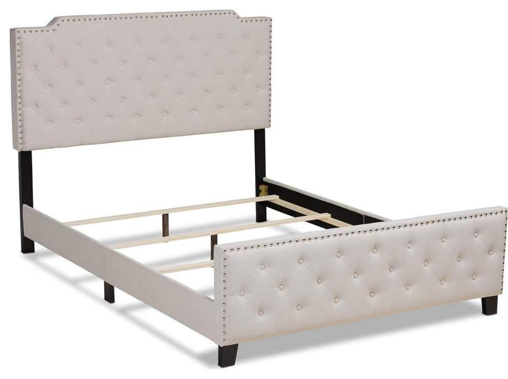 King Panel Bed with Button Tufted Headboard and Nailhead Trim, Beige/Black