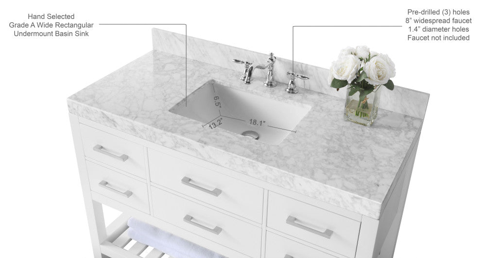 Arcadia Bath Vanity, White, 48", Brushed Nickel Hardware, Single, Freestanding
