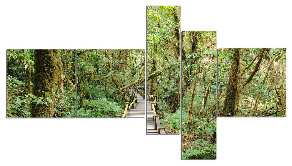 Walk Way in Deep Forest, Landscape Photo Canvas Art Print, 60"x32", 5 panels