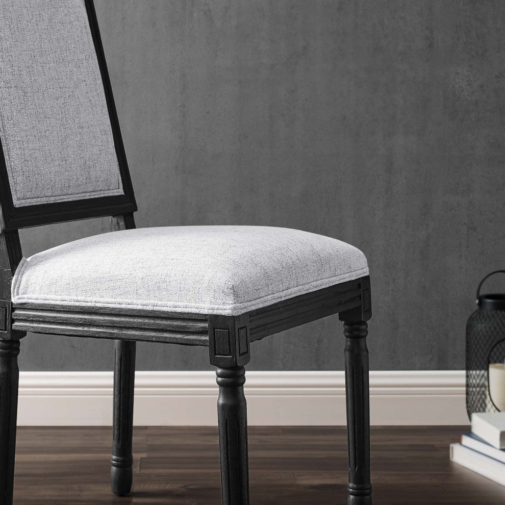 French Vintage Side Dining Chair, Fabric, Wood, Black Gray, Modern, Bistro