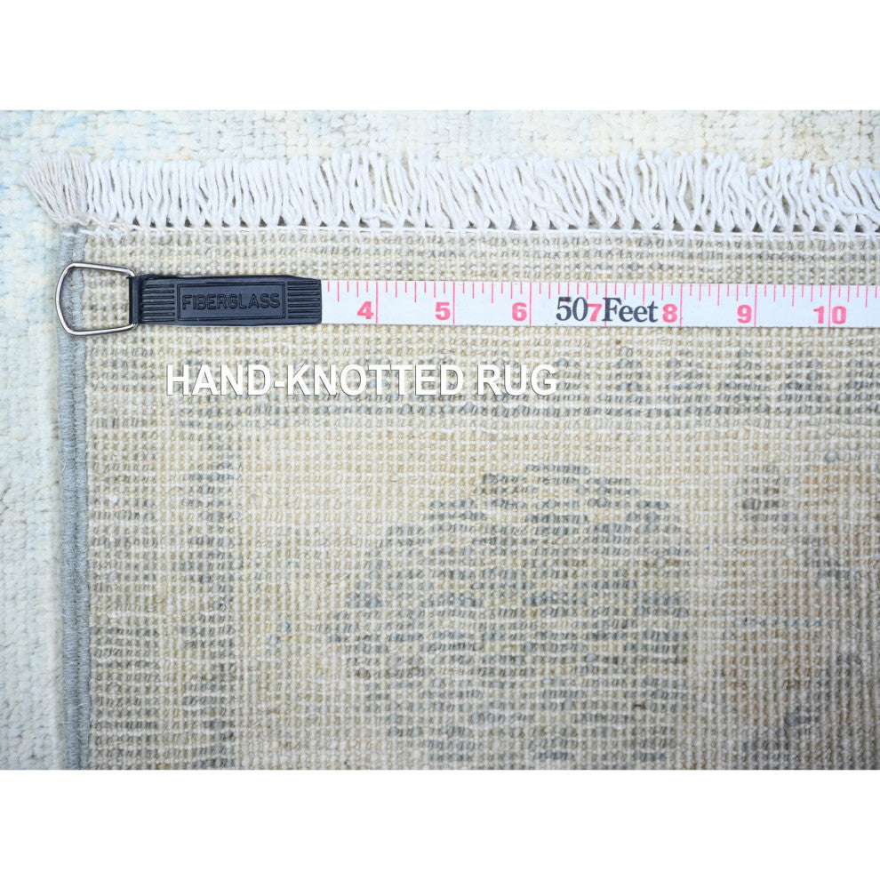Cadet Gray Hand Knotted Washed Out Peshawar Wool Wide Runner Rug, 3'9"x9'9"