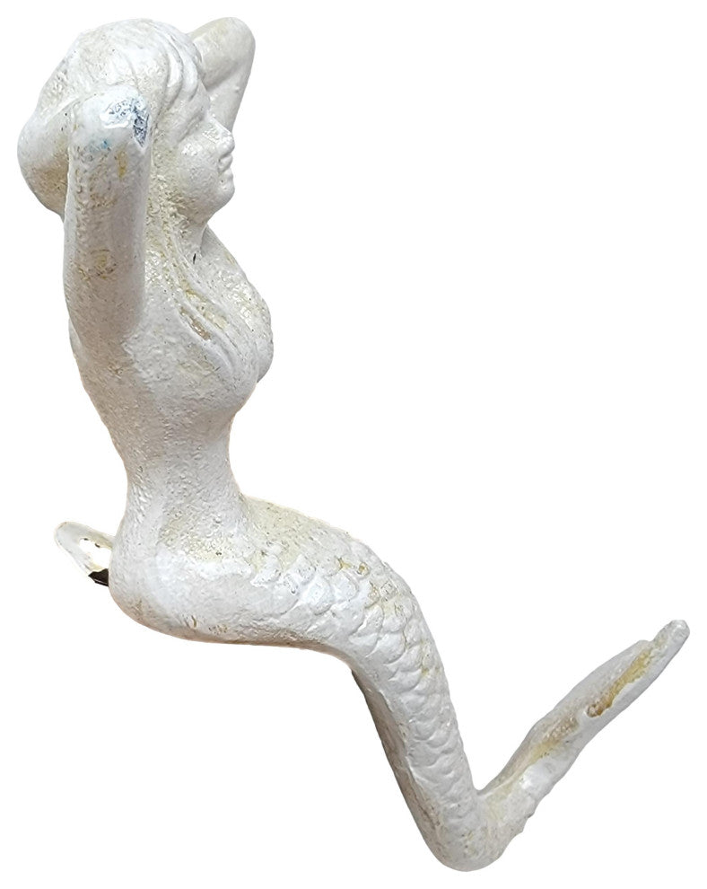 Coastal Mermaid Stocking Hanger Christmas Shelf Distressed White Iron 7 inch