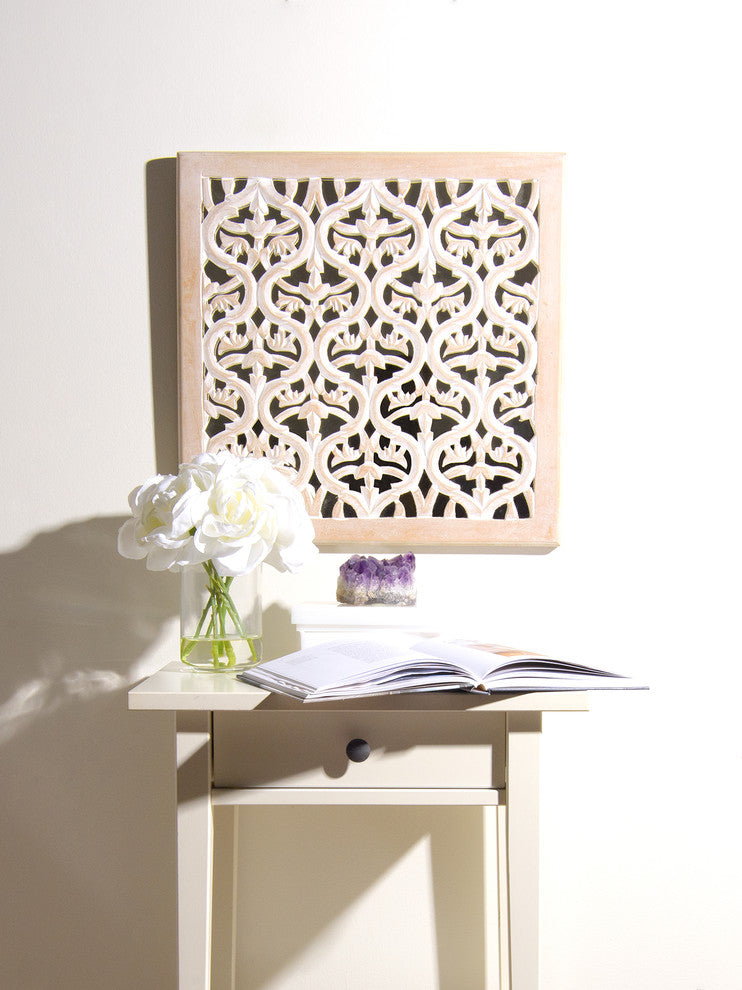 Decorative Whitewashed Carved Wood Square Mirrored Wall Panel