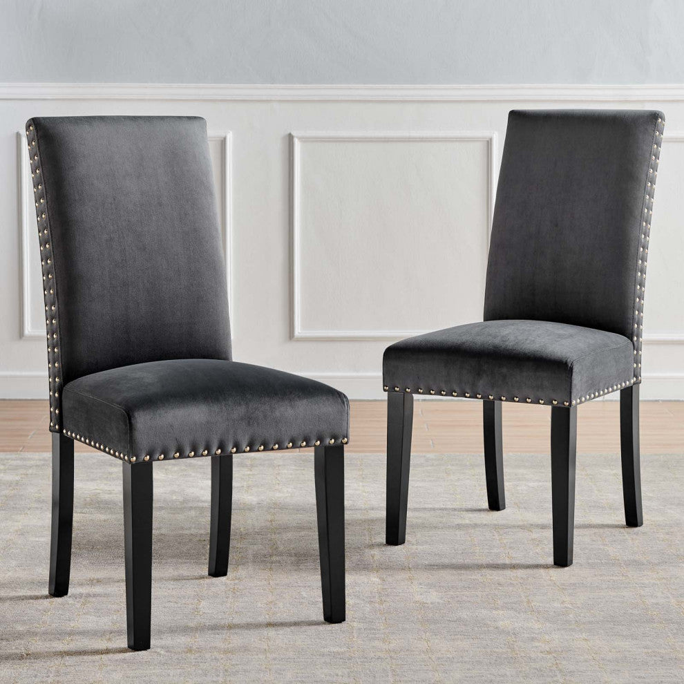 Side Dining Chair, Set of 2, Velvet, Wood, Dark Gray, Modern, Cafe Bistro