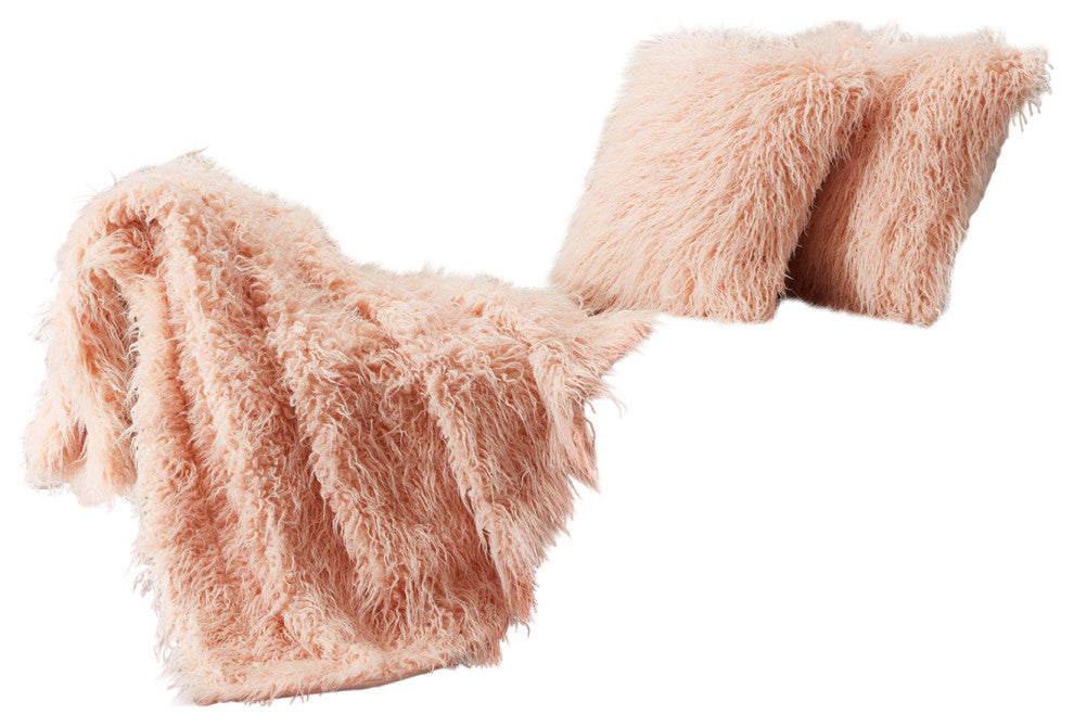 Mongolian Faux Fur 3 Piece Throw Blanket and Pillow Shell Set, Rose, 50"x60"