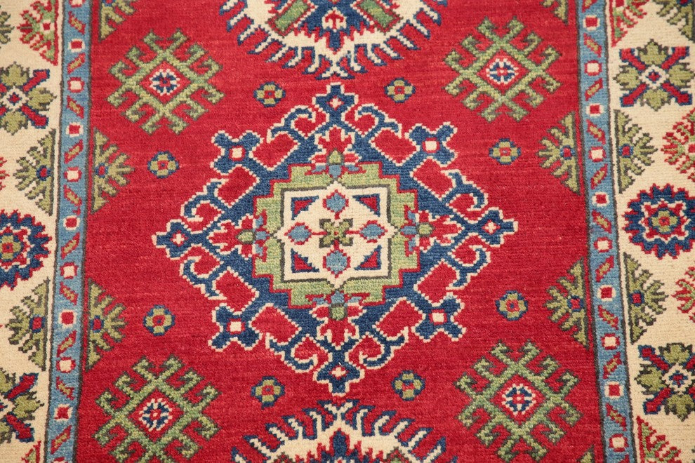 Pakistani Hand-Knotted Oriental Traditional Kazak Wool Area Rug, Red, 3'11"X2'8"