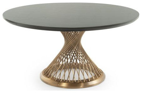 Modern Twisted Spoke Hardwood Dining Table- Gold Base, Smooth Alder Ebony Finish, 54x54x31