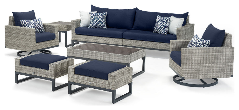 Milo Gray 8 Piece Sunbrella Outdoor Patio Motion Seating Set, Navy