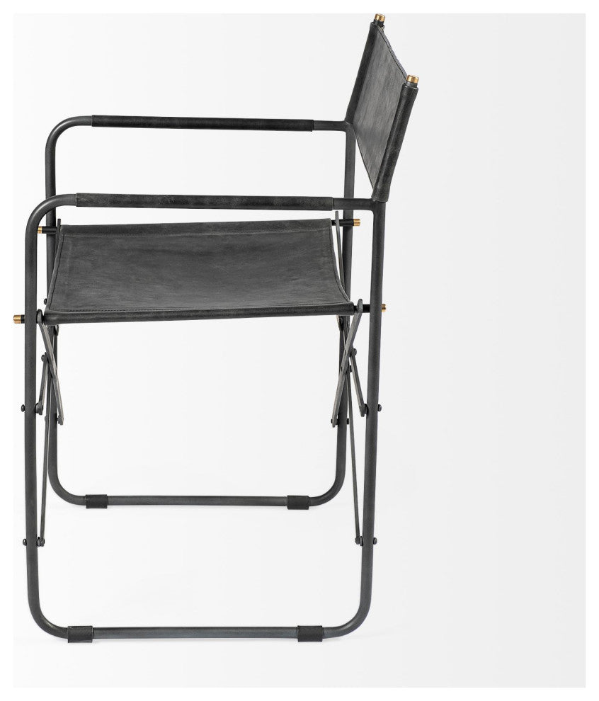 Direttore Black Genuine Leather With Black Metal Folding Frame Dining Chair