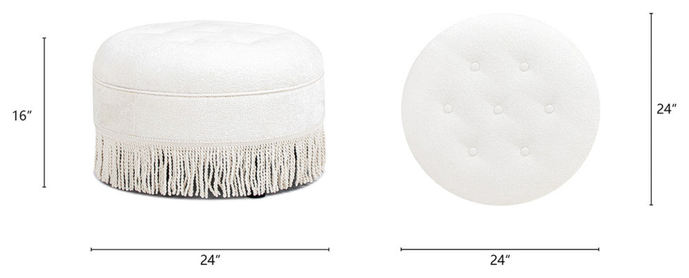 Yolanda 24" Upholstered Round Accent Ottoman, Almond White Chenille