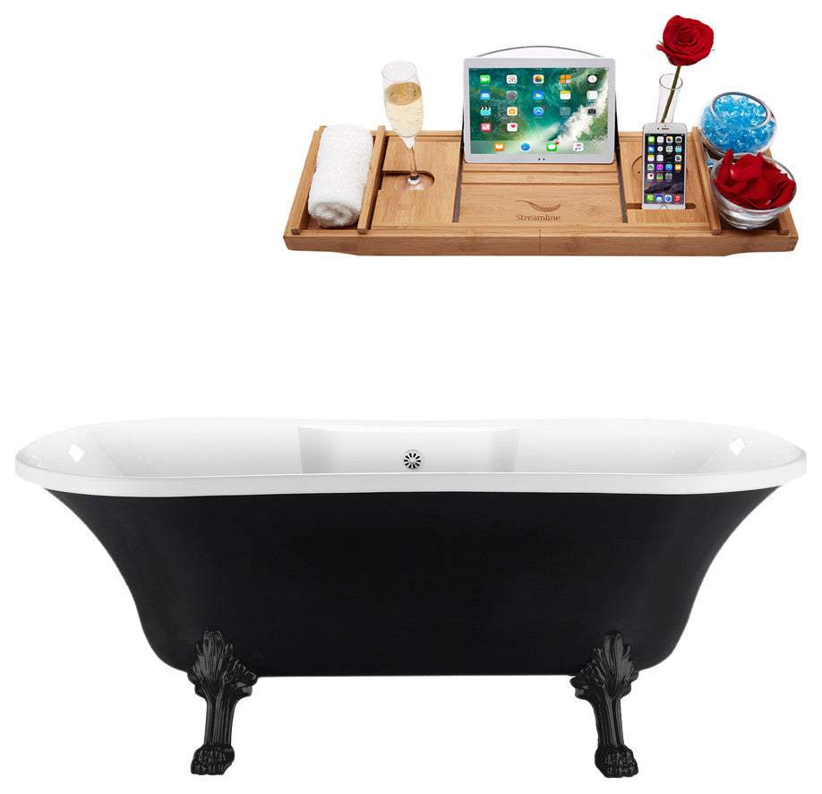 68" Streamline N103BL-WH Clawfoot Tub and Tray With External Drain