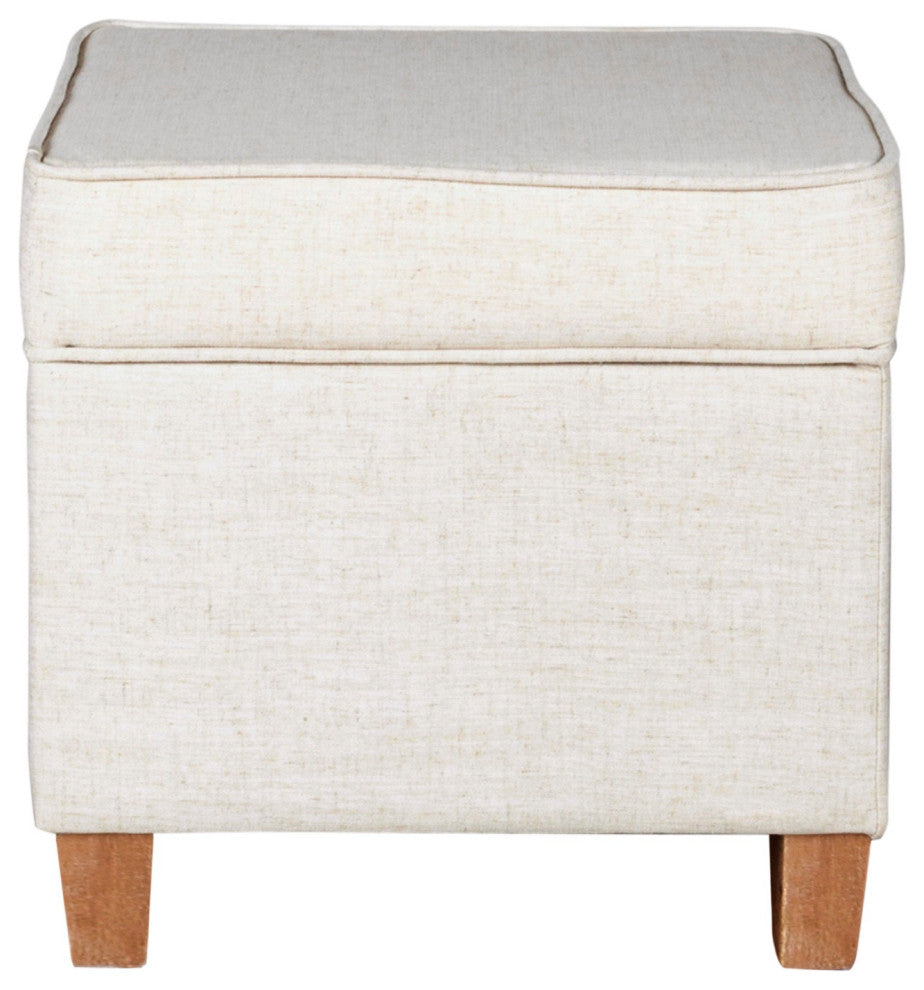 Square Shape Fabric Ottoman With Lift Off Top & Tapered Feet, White & Brown
