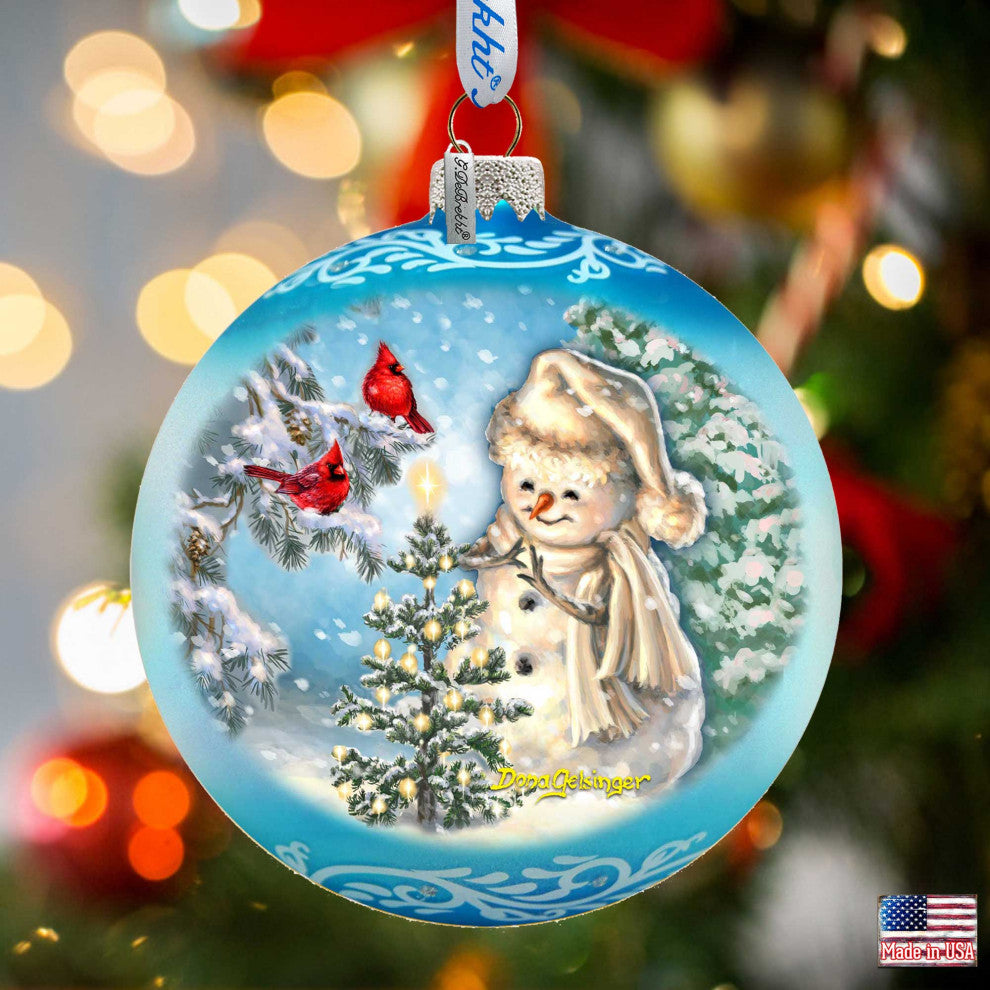 Glowing Snowman Lg Glass Ornament, Blue